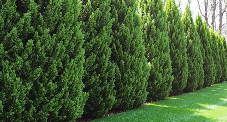 Neatly trimmed row of hedges and shrubs