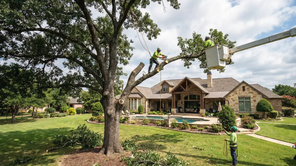 Edmond Elite Tree Service crew trimming a tree from a bucket truck at a residential property